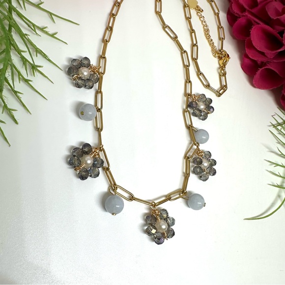 NEW⚜️Raw Aquamarine Freshwater Pearl & Crystal Flower Charm Necklace - Picture 2 of 9